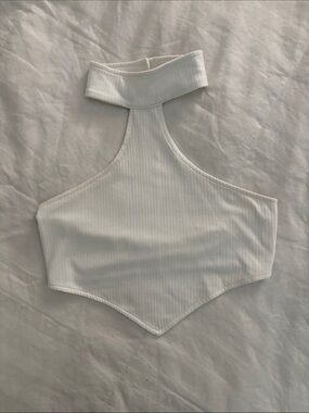 White Ribbed Halter Crop Top with High Neck